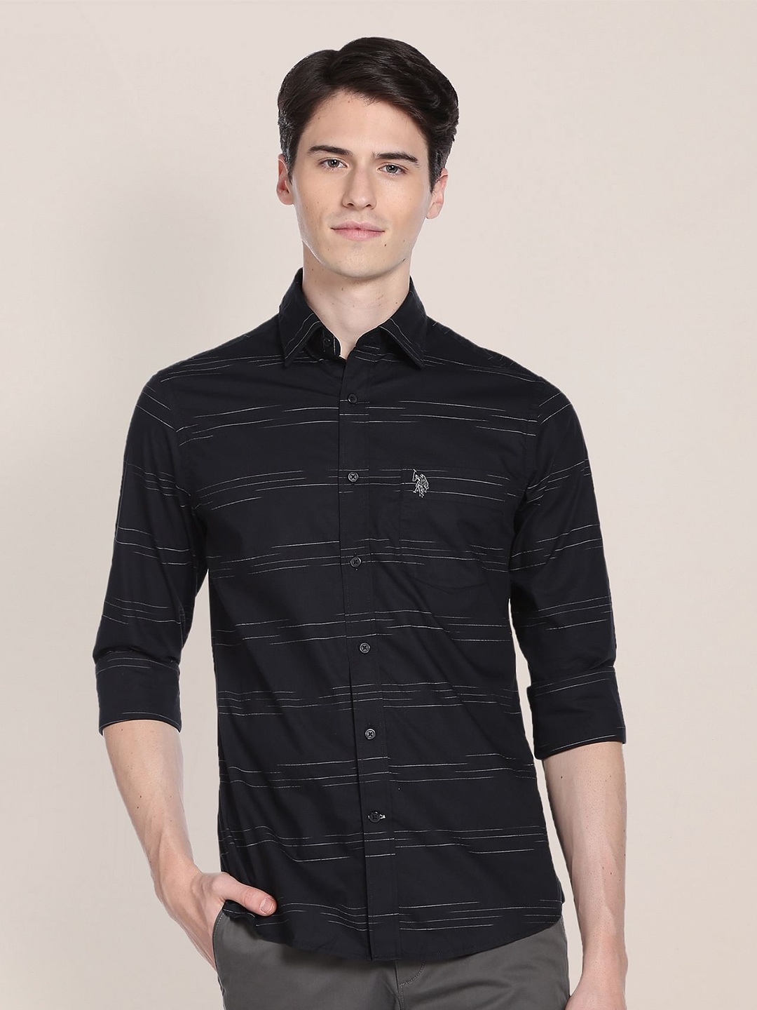

U.S. Polo Assn. Men Plus Size Horizontal Striped Pure Cotton Casual Shirt, Black