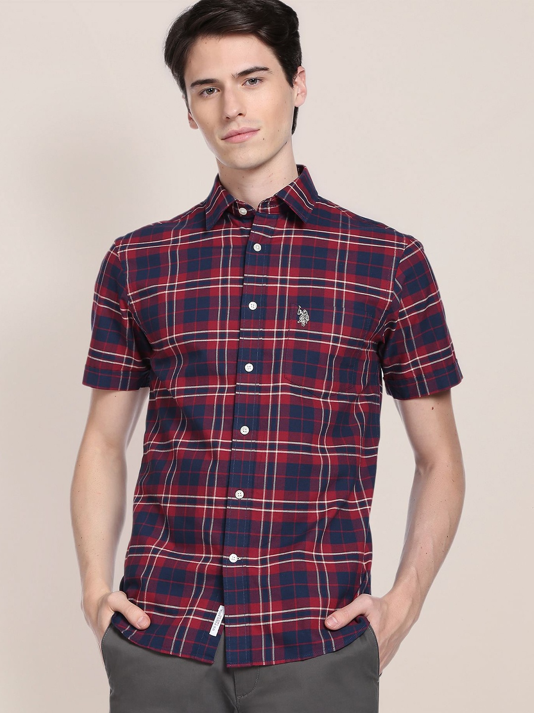 

U.S. Polo Assn. Men Plus Size Checked Oxford Pure Cotton Casual Shirt, Navy blue