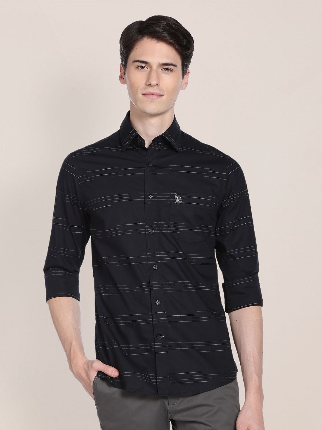 

U.S. Polo Assn. Men Horizontal Striped Pure Cotton Casual Shirt, Black