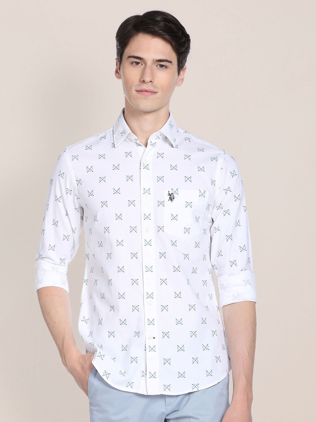 

U.S. Polo Assn. Men Conversational Printed Dobby Pure Cotton Casual Shirt, White