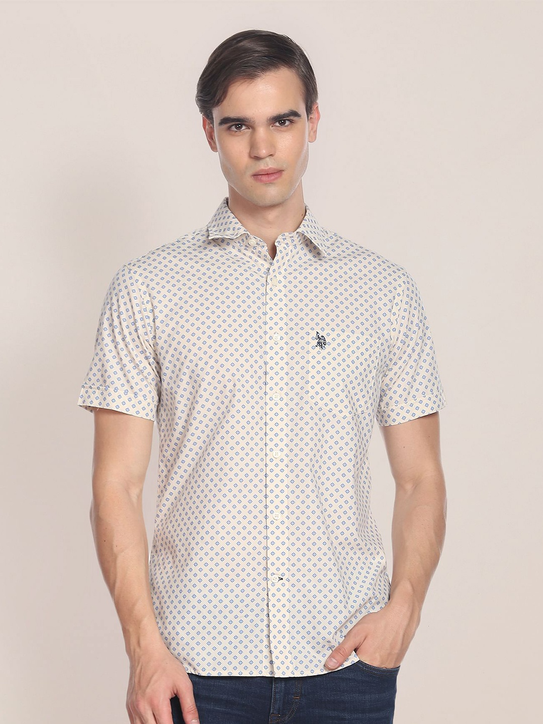 

U.S. Polo Assn. Men Plus Size Geometric Printed Pure Cotton Casual Shirt, Off white
