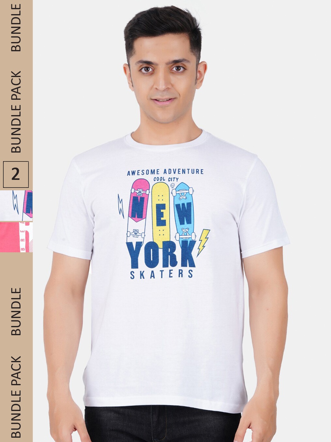 

Vibrant Vesture Men Pack Of 2 Typography Printed Cotton T-shirt, White
