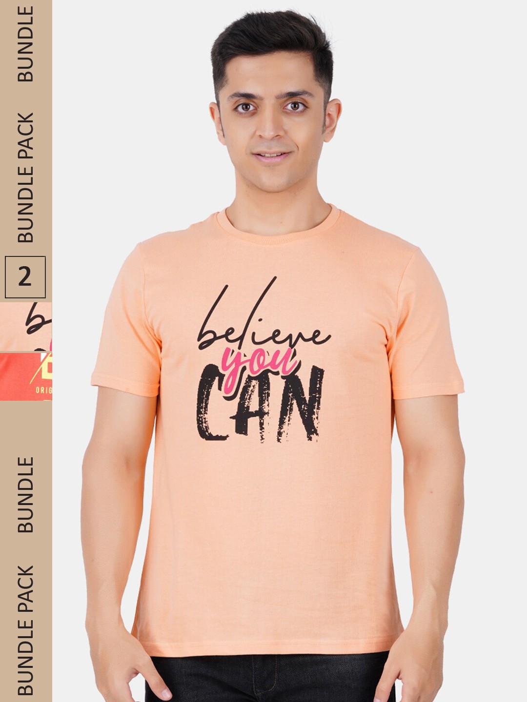 

Vibrant Vesture Men Pack Of 2 Typography Printed Cotton T-shirt, Beige