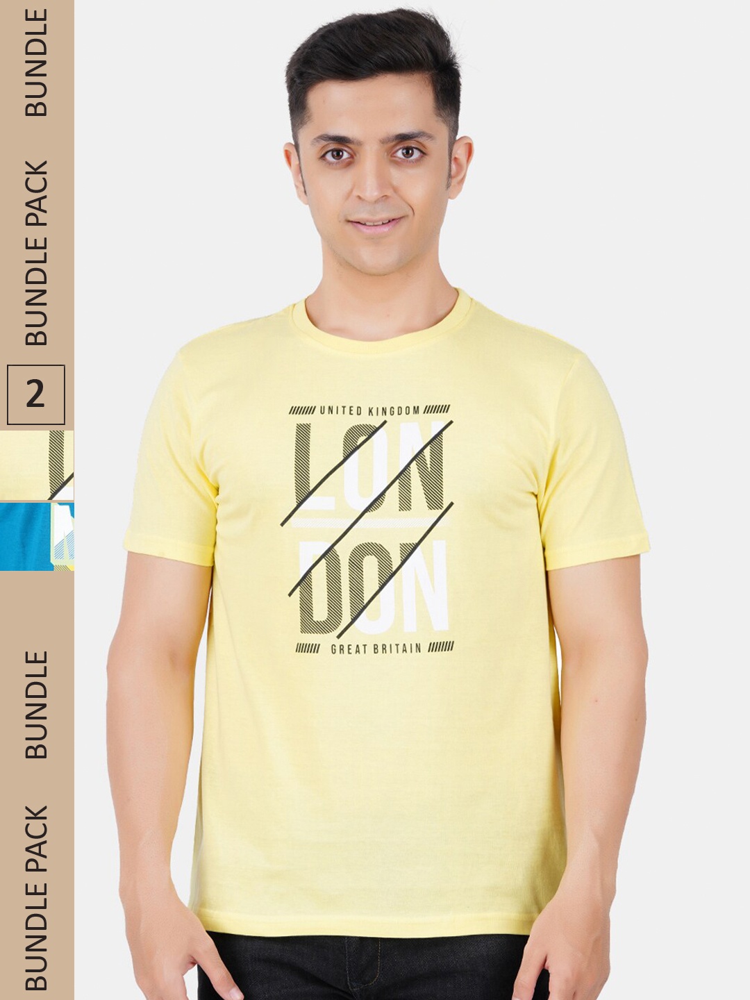 

Vibrant Vesture Men Pack Of 2 Typography Printed Cotton T-shirt, Yellow