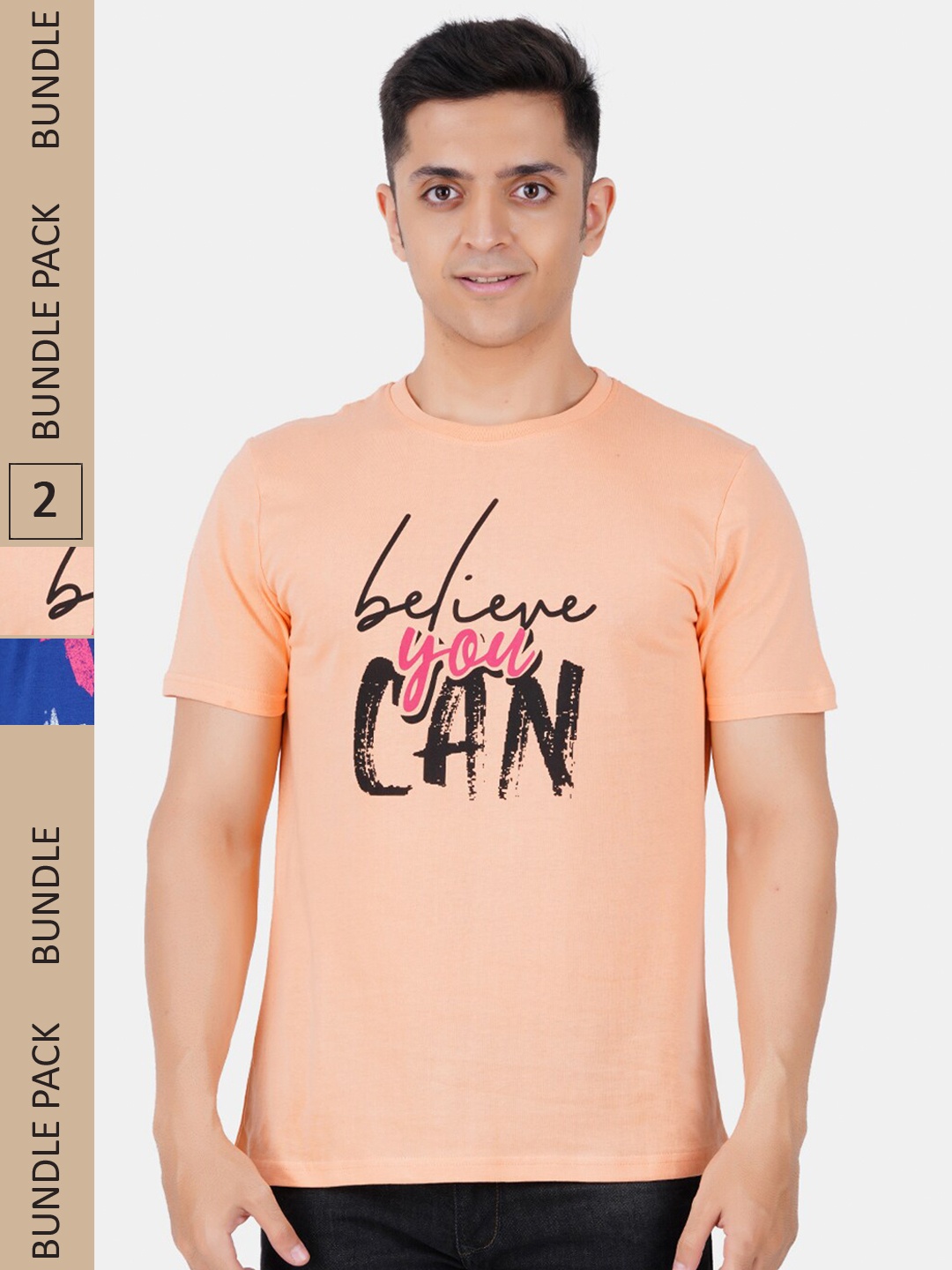 

Vibrant Vesture Men Pack Of 2 Typography Printed Cotton T-shirt, Peach
