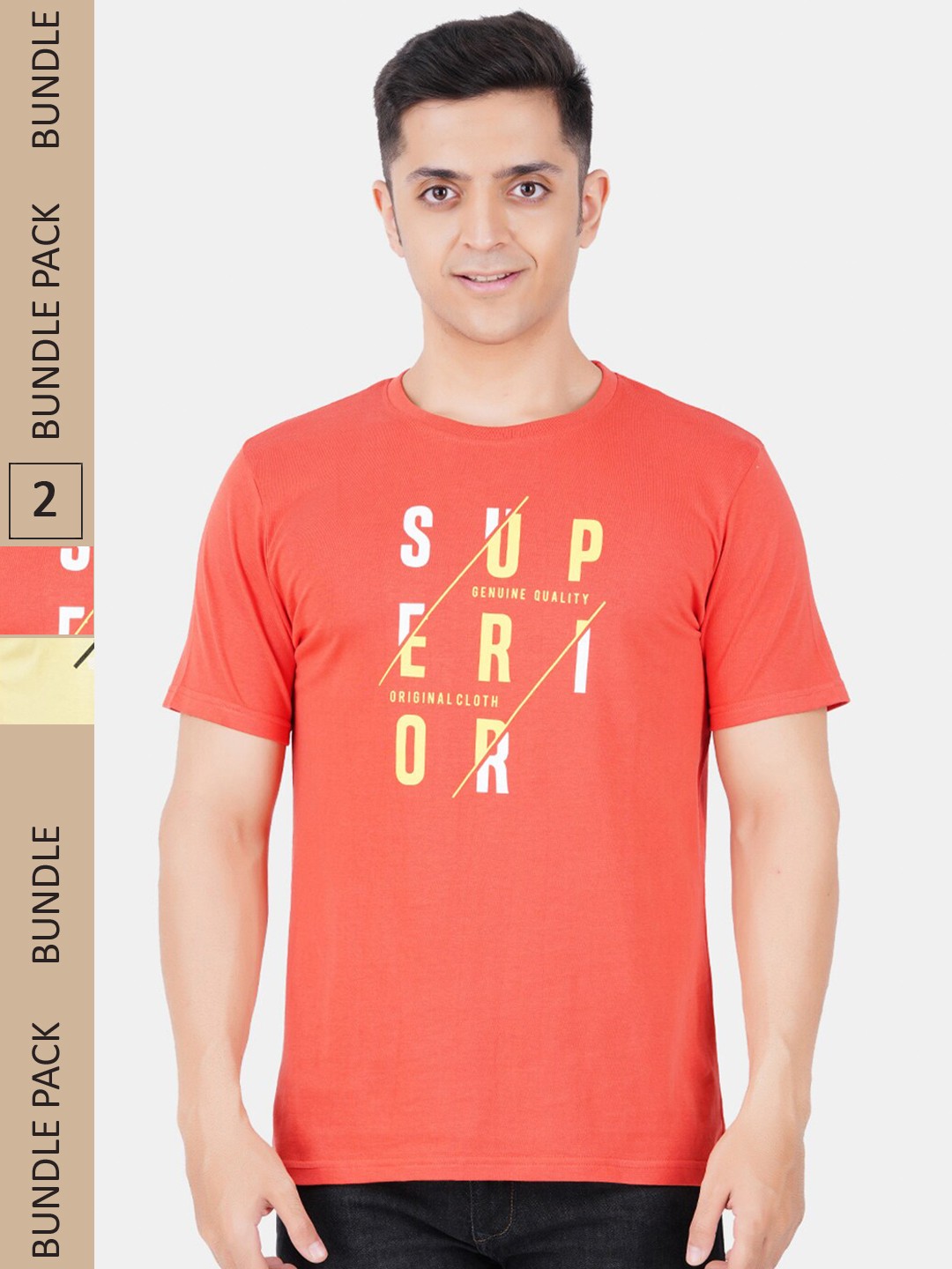 

Vibrant Vesture Men Pack Of 2 Typography Printed Cotton T-shirt, Coral