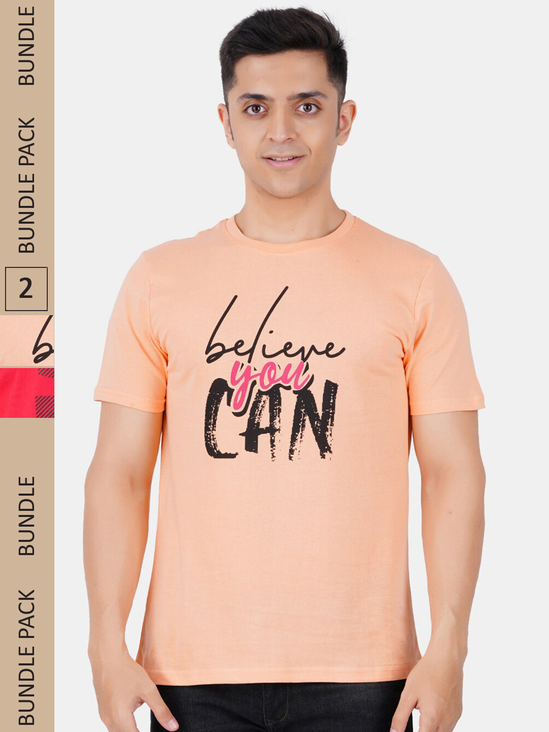 

Vibrant Vesture Men Pack Of 2 Typography Printed Cotton T-shirt, Beige