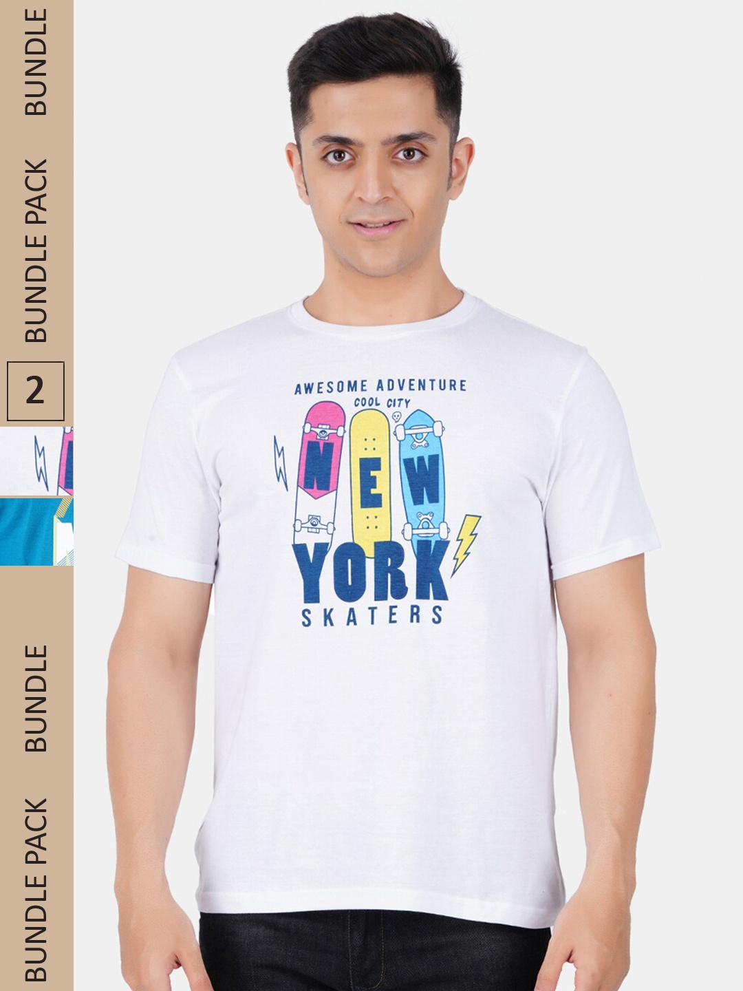 Vibrant Vesture Men Pack Of 2 Typography Printed Cotton T-shirt, White