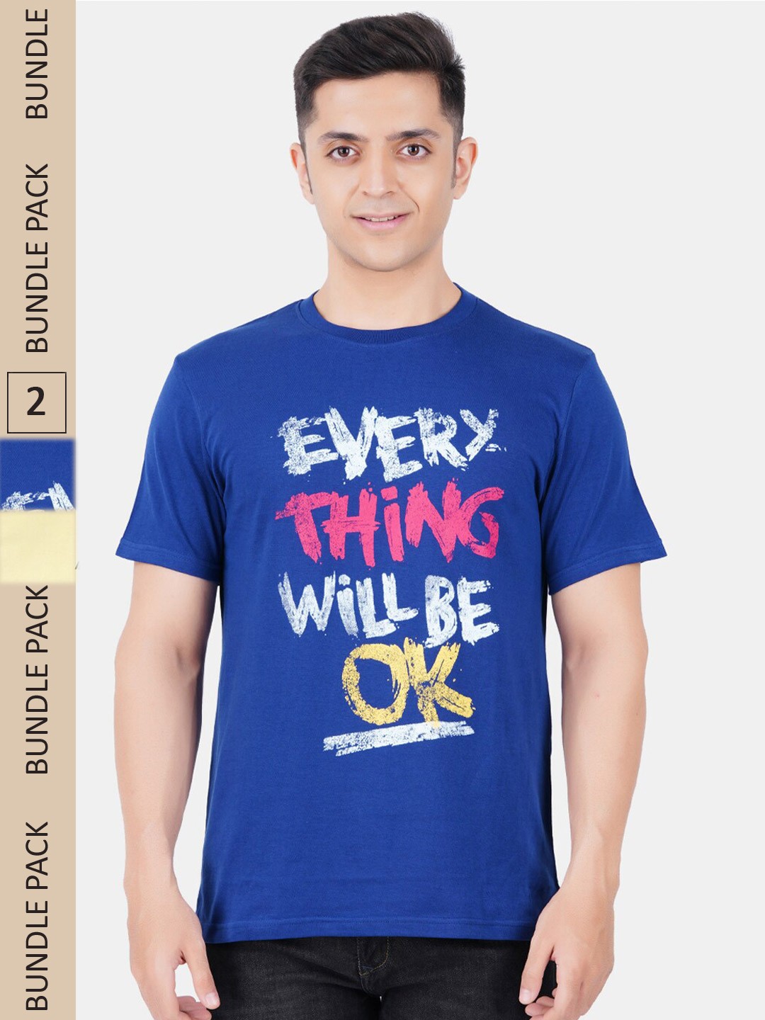

Vibrant Vesture Men Pack Of 2 Typography Printed Cotton T-shirt, Yellow