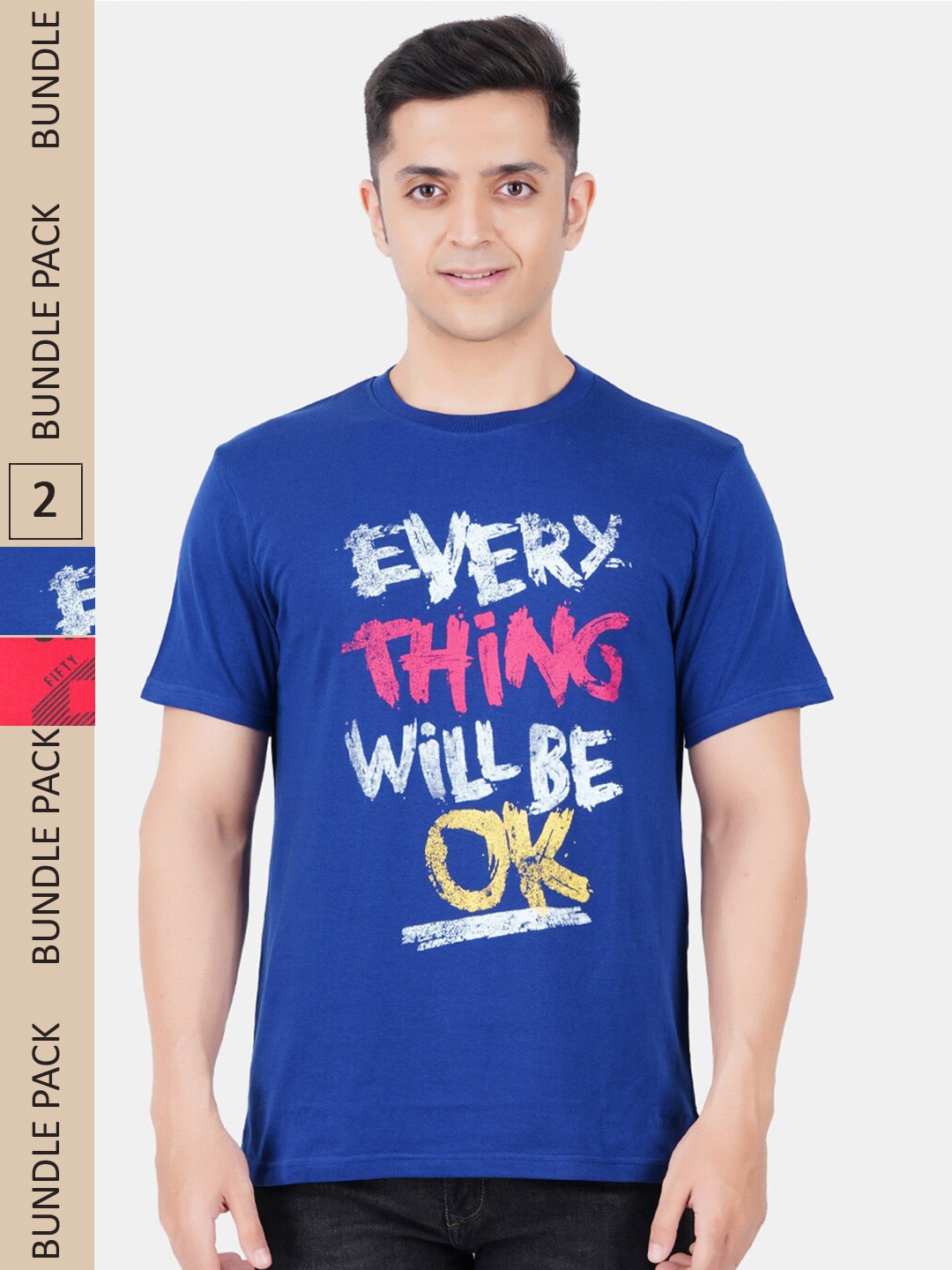 Vibrant Vesture Men Pack Of 2 Printed Cotton T-shirt, Blue