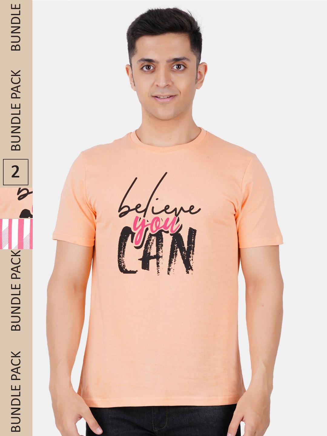 

Vibrant Vesture Men Pack Of 2 Printed Cotton T-shirt, Peach