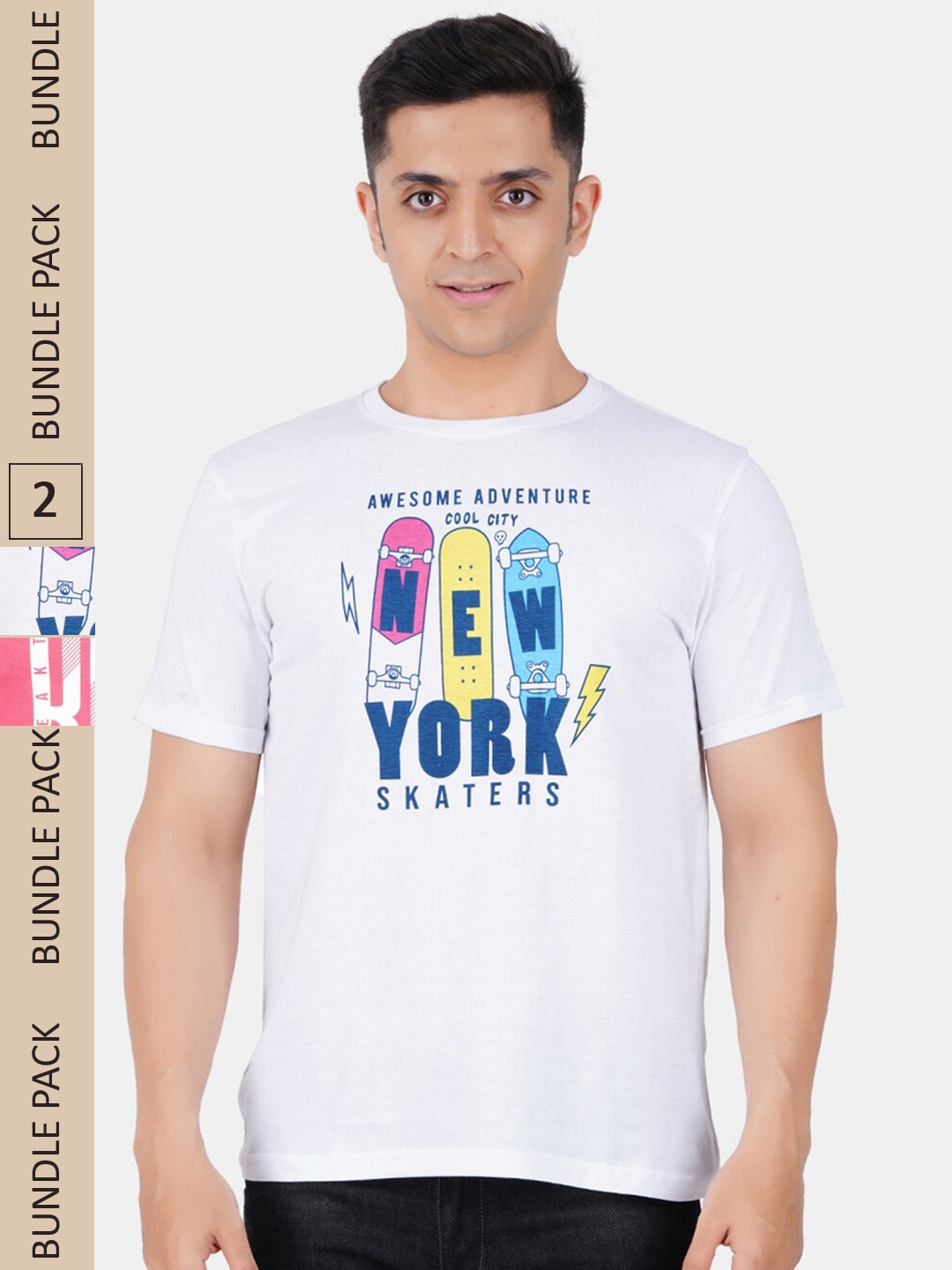 

Vibrant Vesture Men Pack of 2 Typography Printed Cotton T-shirt, White