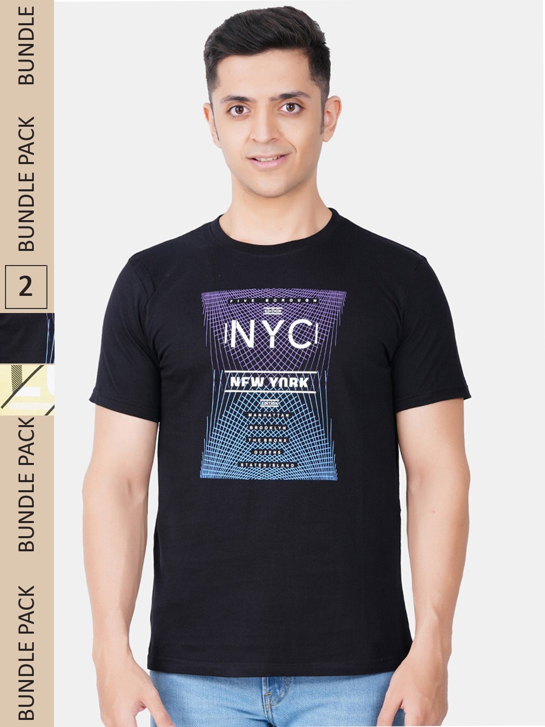 

Vibrant Vesture Men Pack of 2 Typography Printed Cotton T-shirt, Black