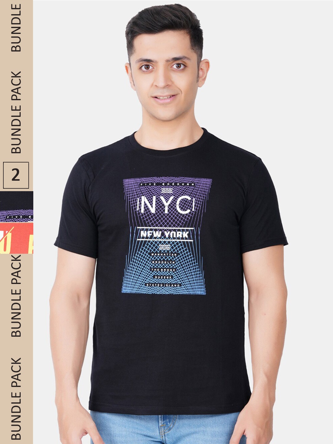 

Vibrant Vesture Men Pack of 2 Typography Printed Cotton T-shirt, Black