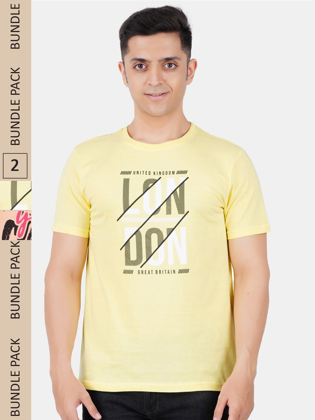 

Vibrant Vesture Men Pack of 2 Typography Printed Cotton T-shirt, Yellow