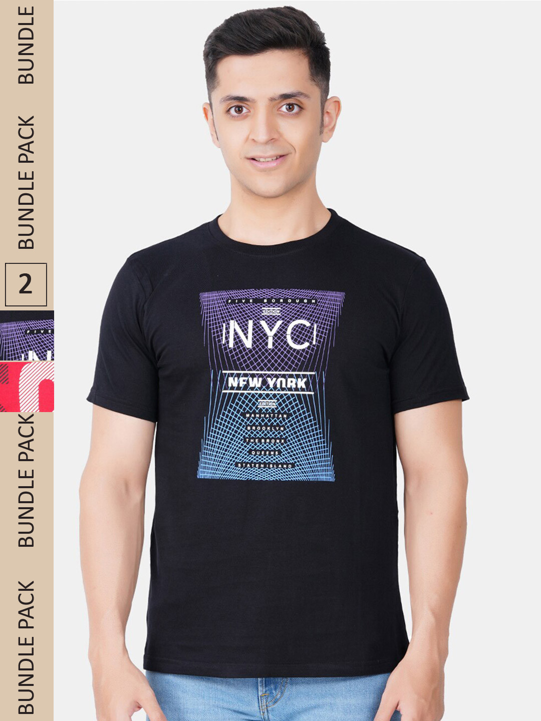 

Vibrant Vesture Men Pack Of 2 Typography Printed Cotton T-shirt, Black