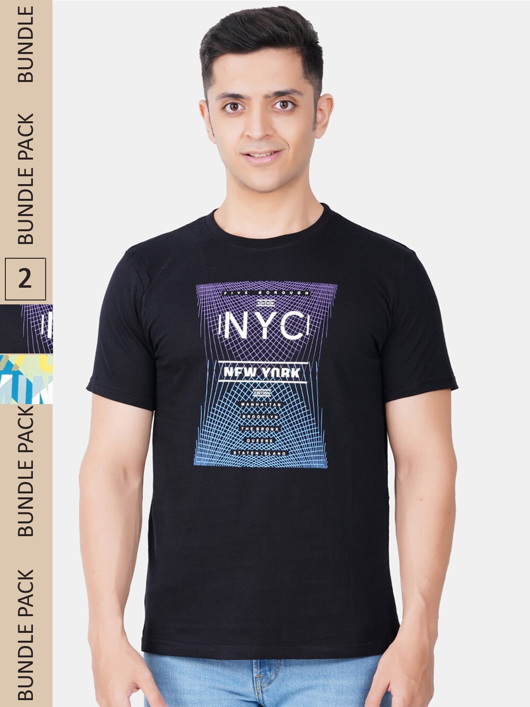 

Vibrant Vesture Men Pack of 2 Printed Cotton T-shirts, Black