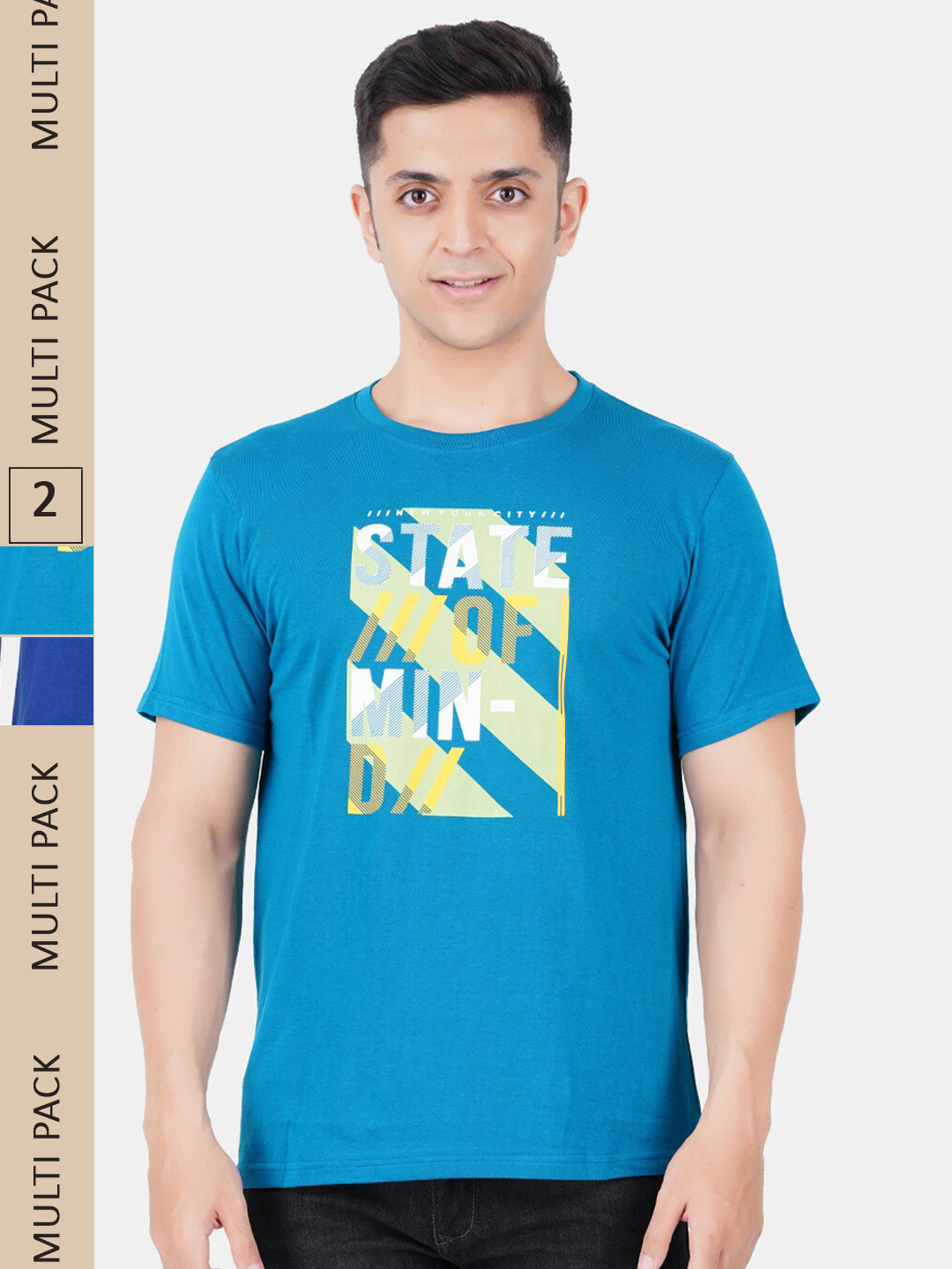 

Vibrant Vesture Men Pack Of 2 Typography Printed Cotton T-shirt, Blue