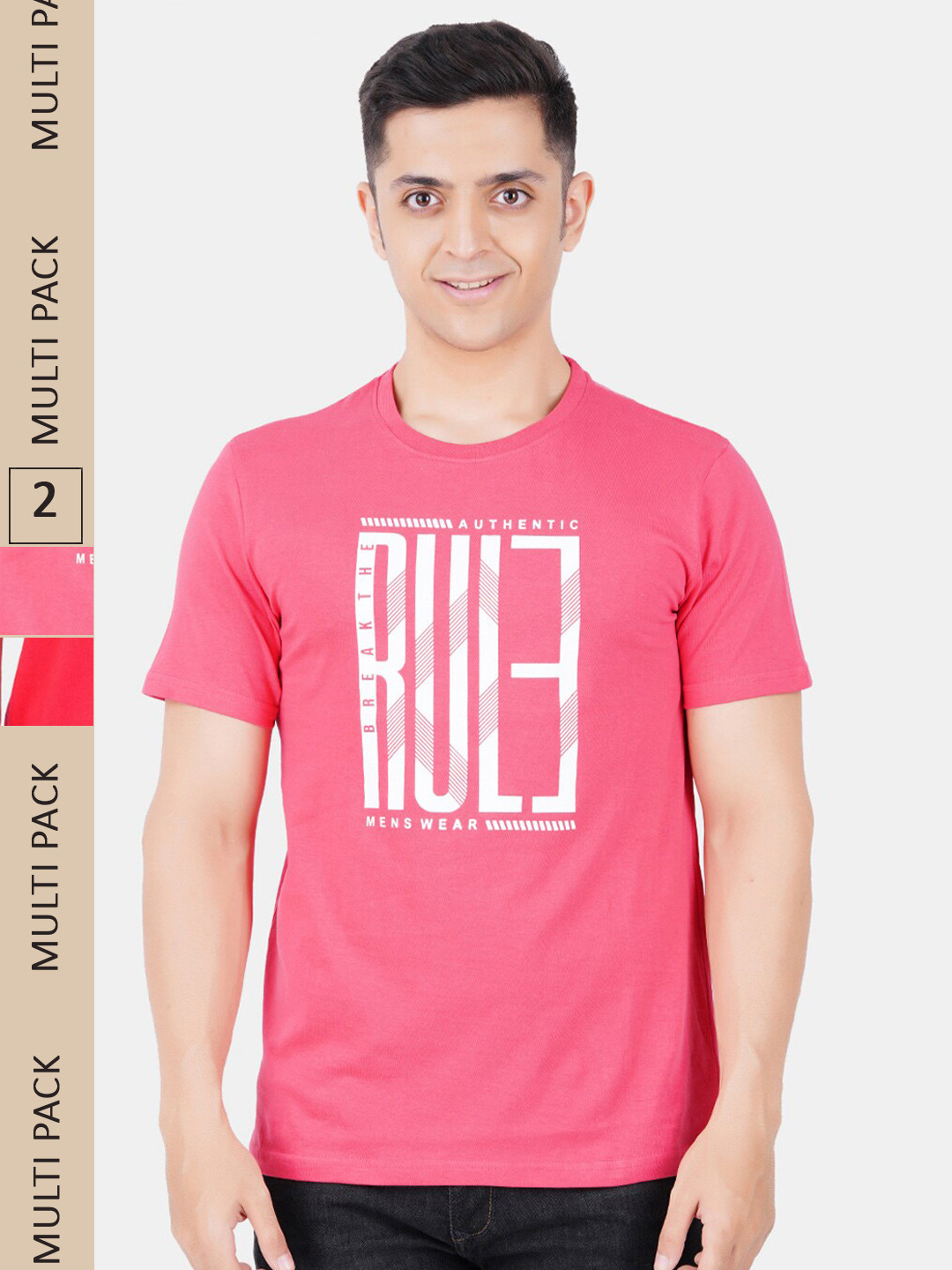

Vibrant Vesture Men Pack Of 2 Typography Printed Cotton T-shirt, Pink