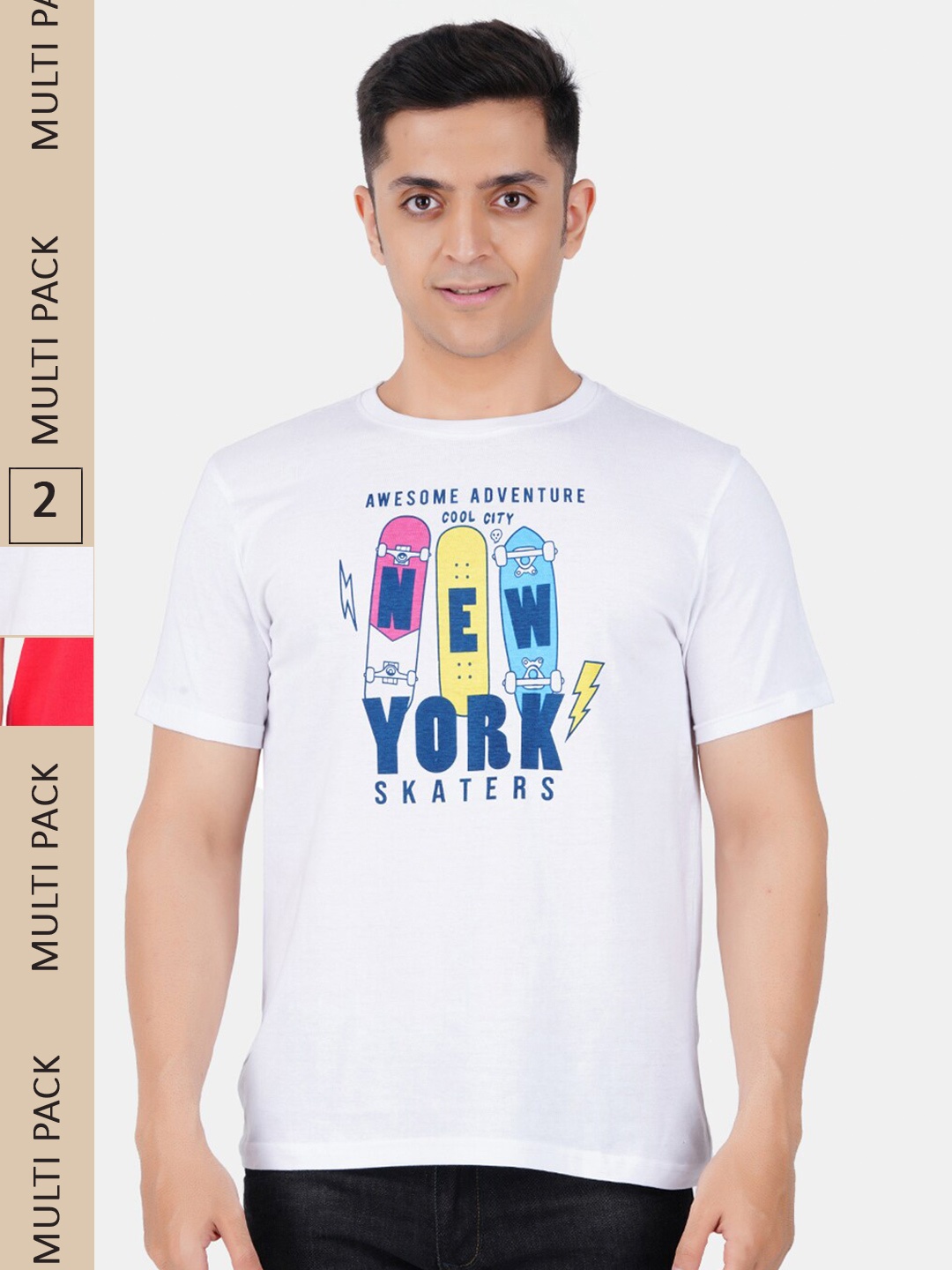

Vibrant Vesture Men Pack Of 2 Typography Printed Cotton T-shirt, White