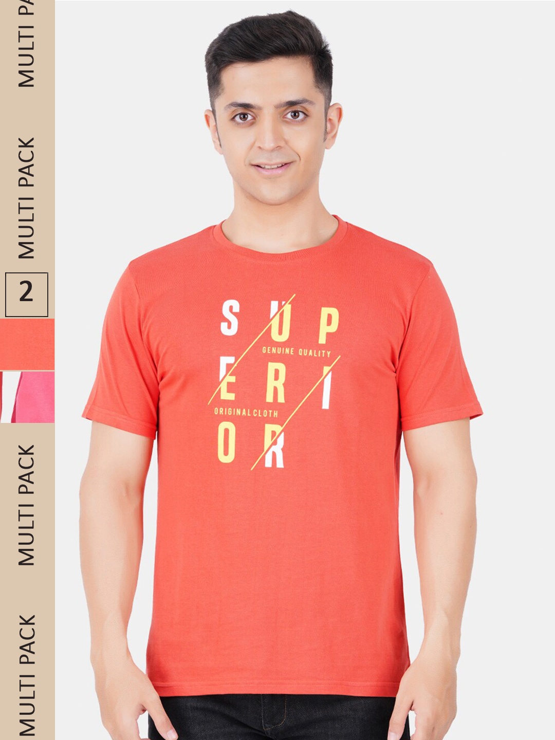 

Vibrant Vesture Men Pack Of 2 Typography Printed Cotton T-shirt, Coral