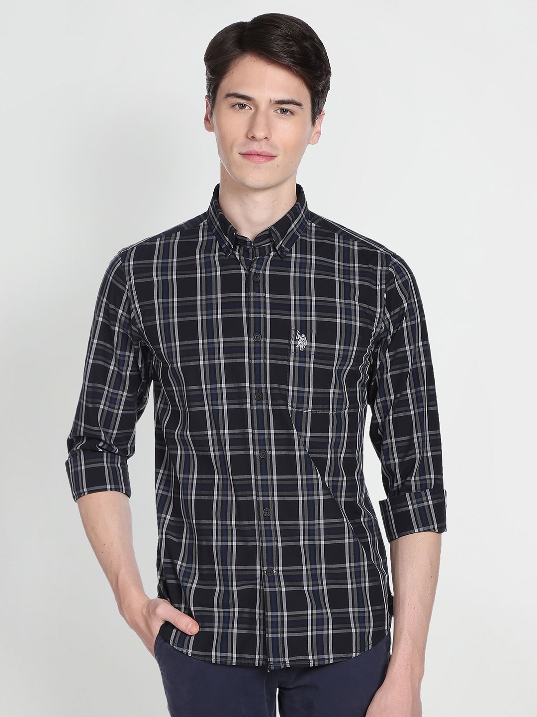 

U.S. Polo Assn. Denim Co. Men Tartan Checked Button Down Collar Pure Cotton Casual Shirt, Charcoal