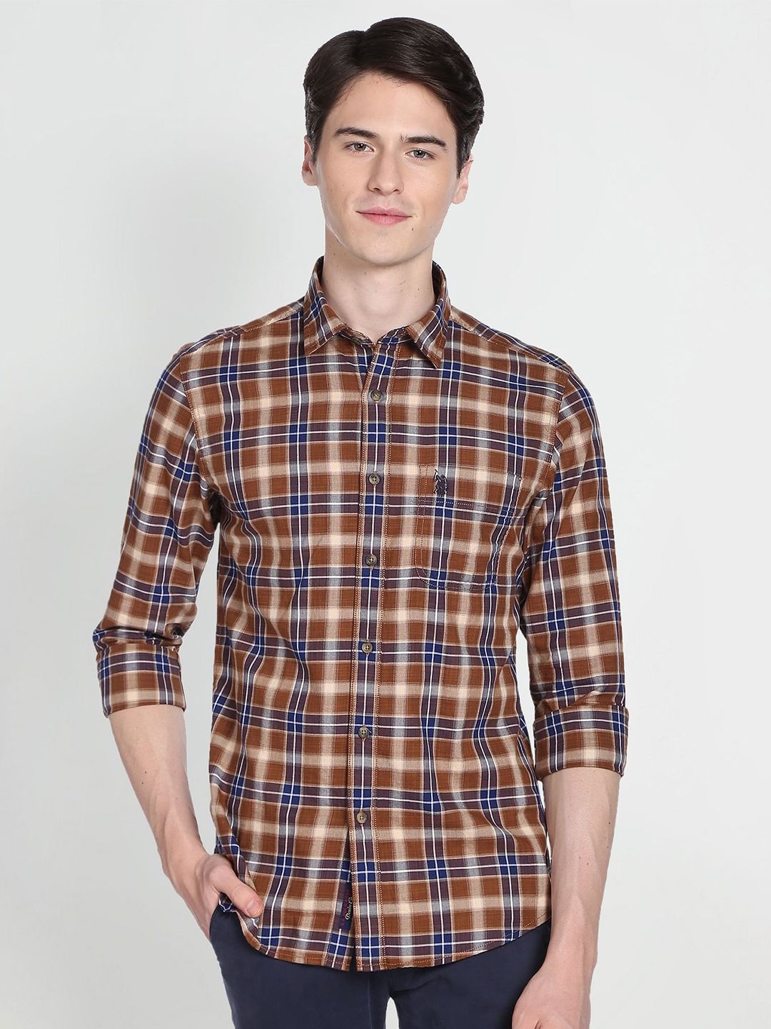 

U.S. Polo Assn. Denim Co. Men Tartan Checks Twill Pure Cotton Casual Shirt, Brown