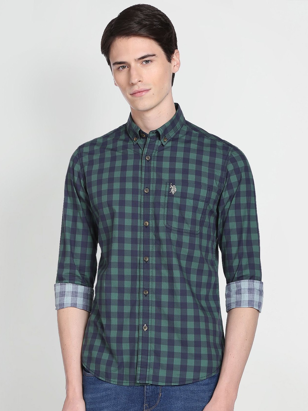 

U.S. Polo Assn. Denim Co. Men Buffalo Checks Pure Cotton Casual Shirt, Green
