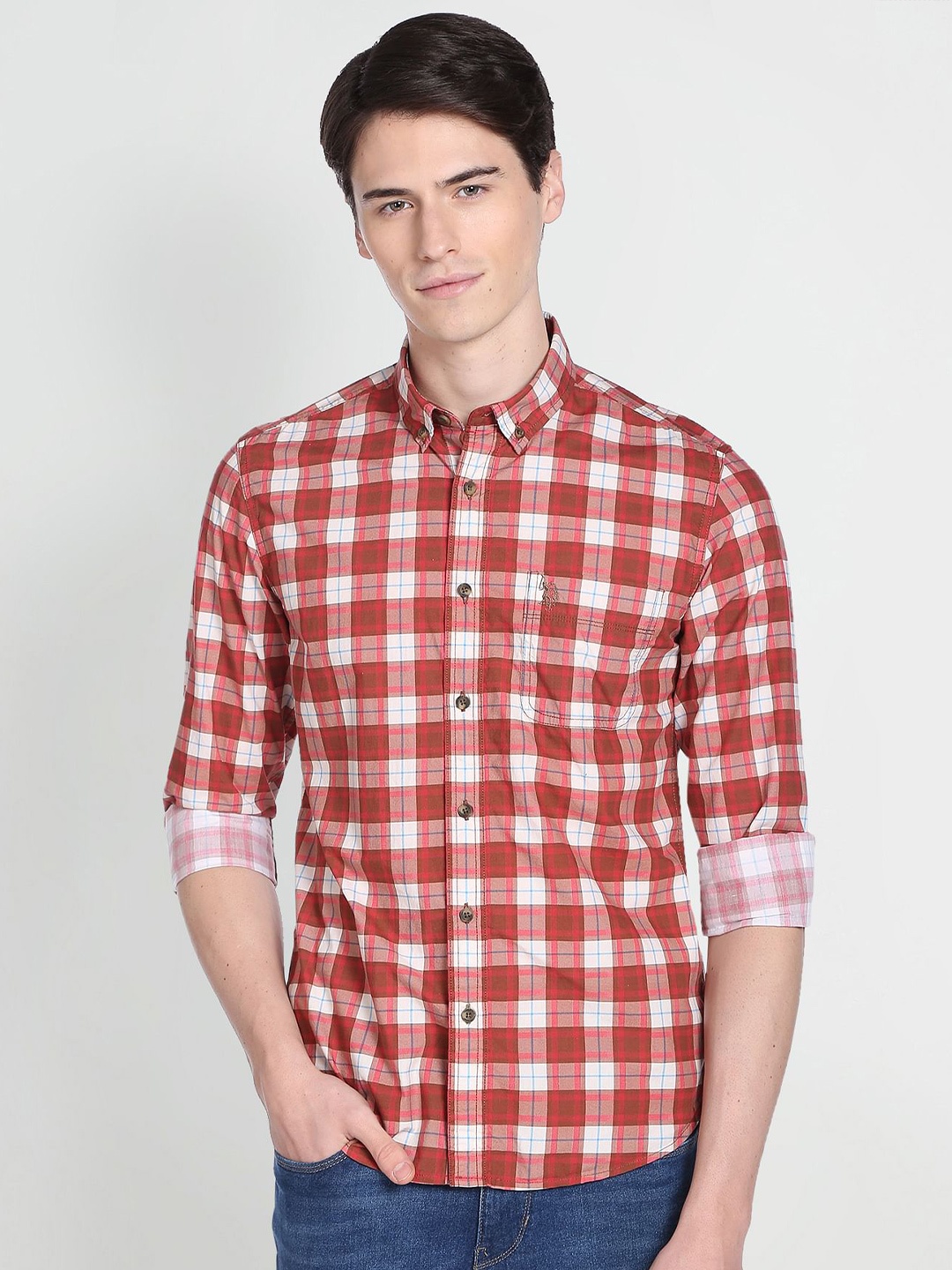 

U.S. Polo Assn. Denim Co. Men Gingham Checks Pure Cotton Casual Shirt, Rust