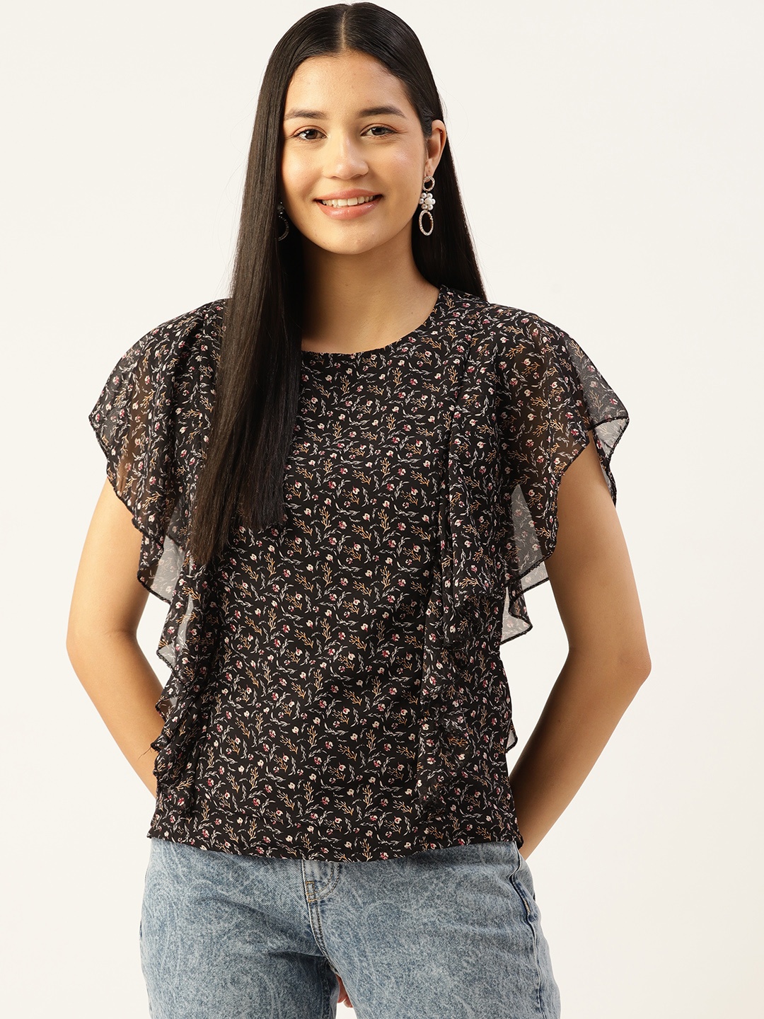 

Alsace Lorraine Paris Floral Print Fared Sleeves Crepe Top, Black