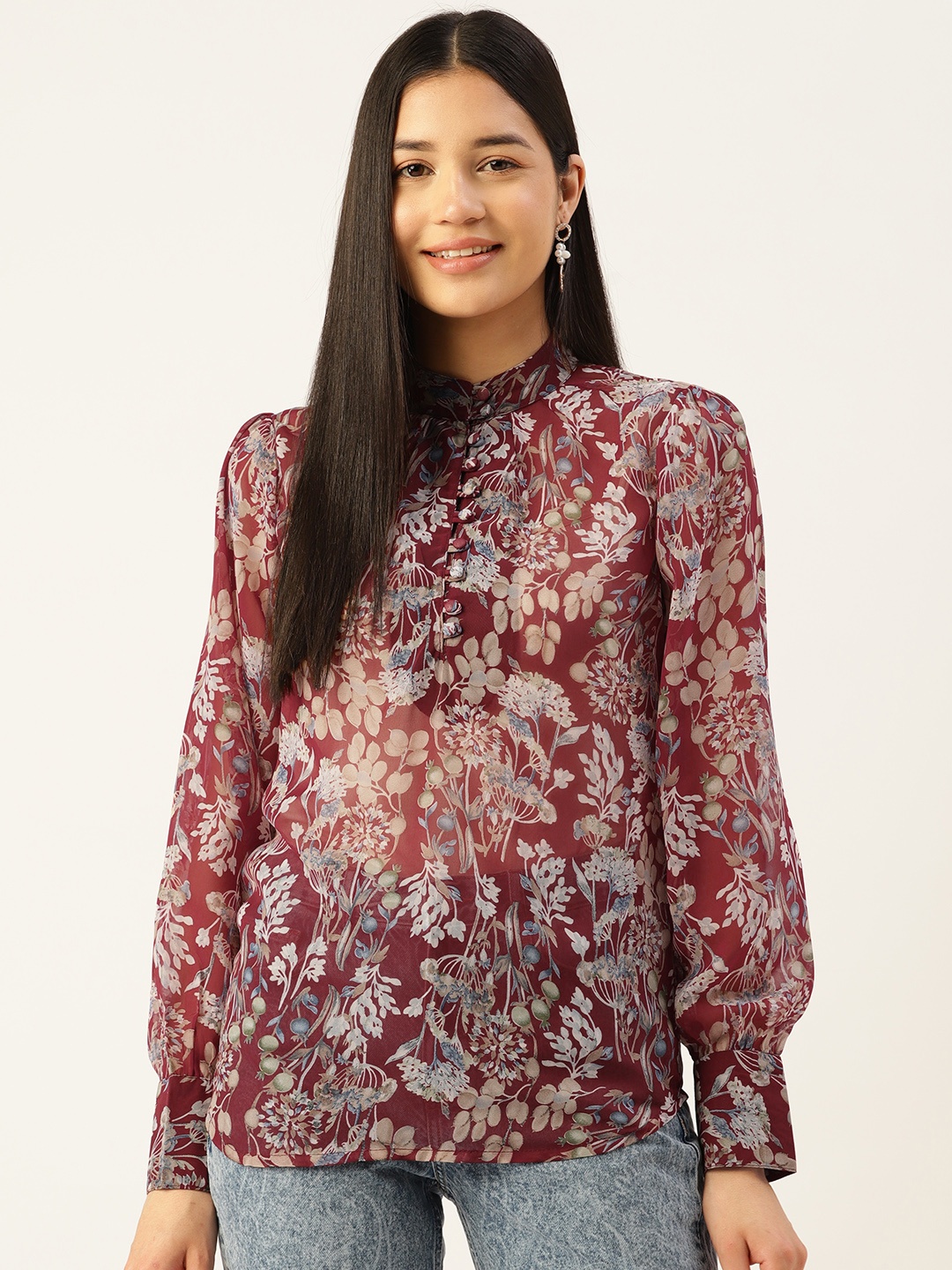 

Alsace Lorraine Paris Floral Print Mandarin Collar Longline Top, Maroon