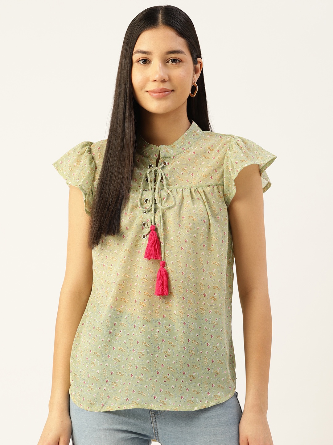 

Alsace Lorraine Paris Floral Print Mandarin Collar Longline Top With Tie-Ups, Green