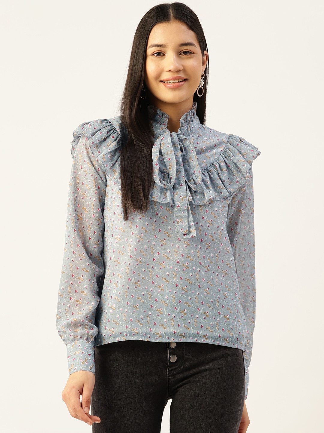 

Alsace Lorraine Paris Floral Print Tie-Up Neck Ruffles Top, Blue