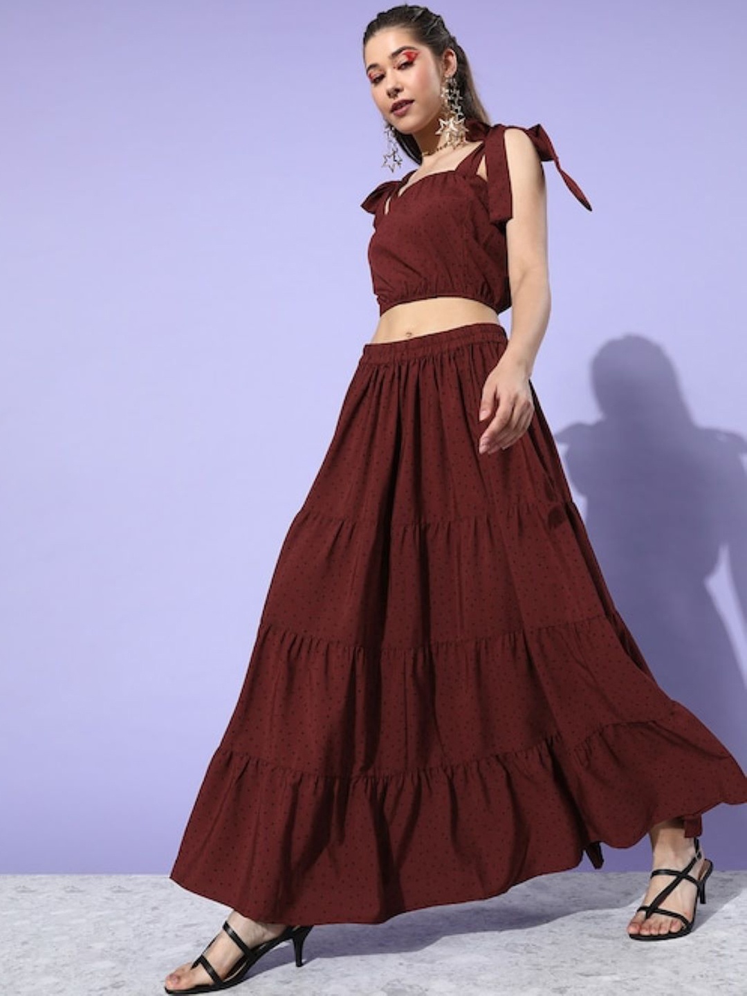 

Sera Women Printed Shoulder Straps Fit and Flare Maxi Co-Ord Set, Burgundy