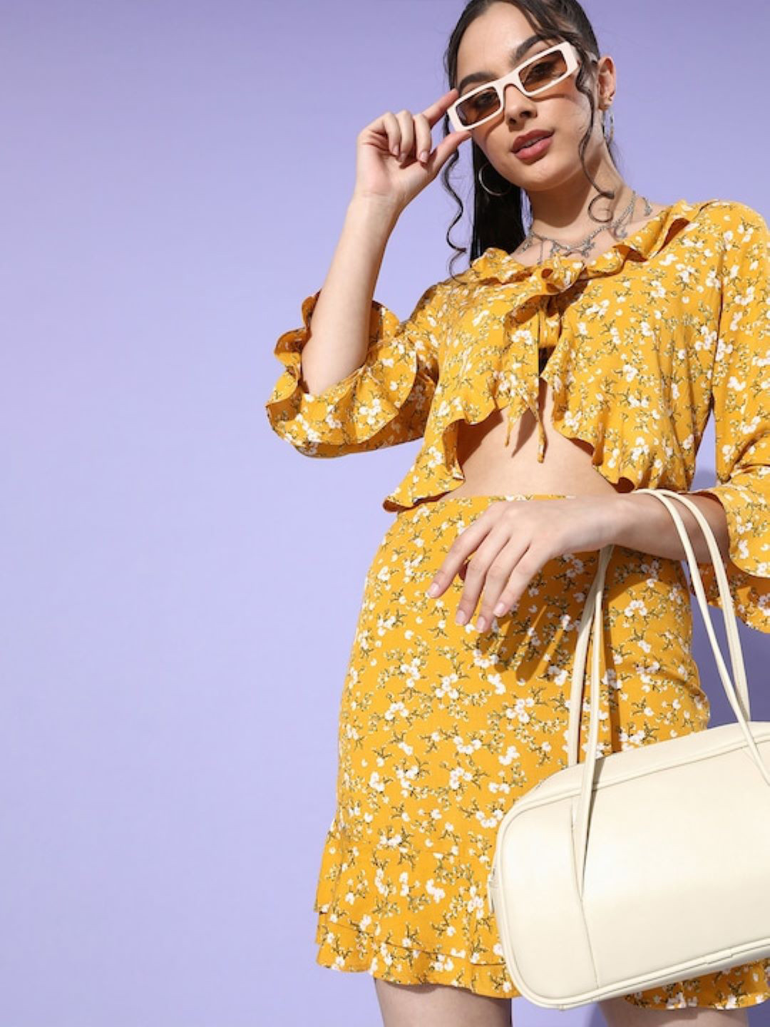 

Sera Women Floral Printed Ruffle Detailed Top & Skirt, Yellow