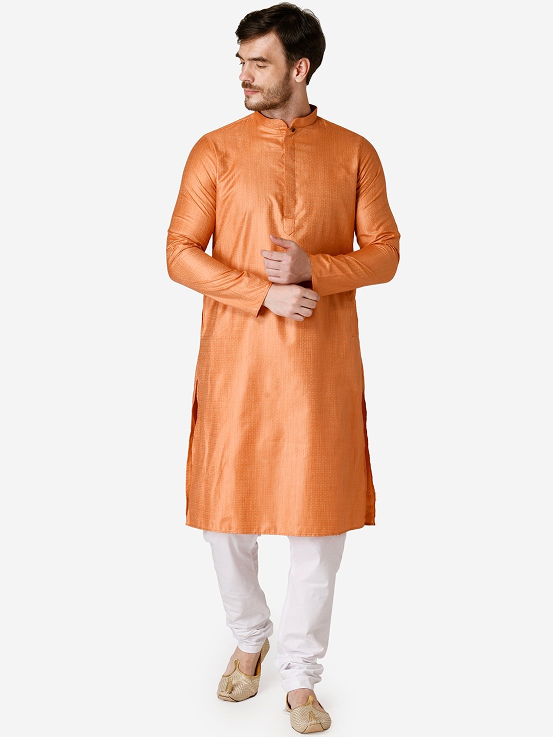

TABARD Men Mandarin Collar Thread Work Kurta, Orange