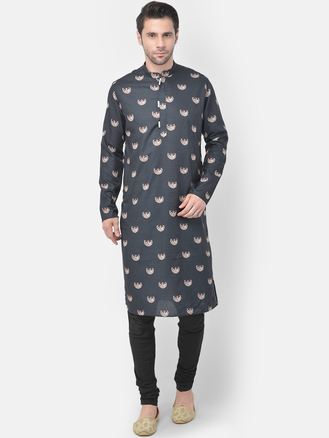 TABARD Men Ethnic Motifs Printed Mandarin Collar Pure Cotton Kurta, Grey