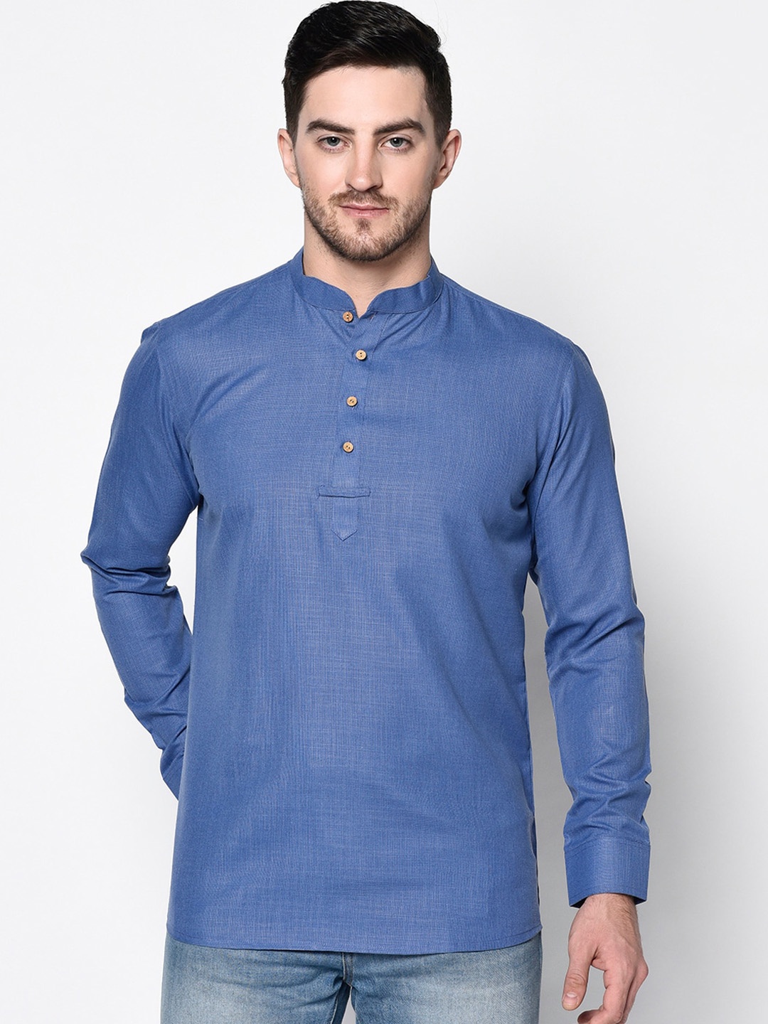 TABARD Men Mandarin Collar Pure Cotton Kurta, Blue