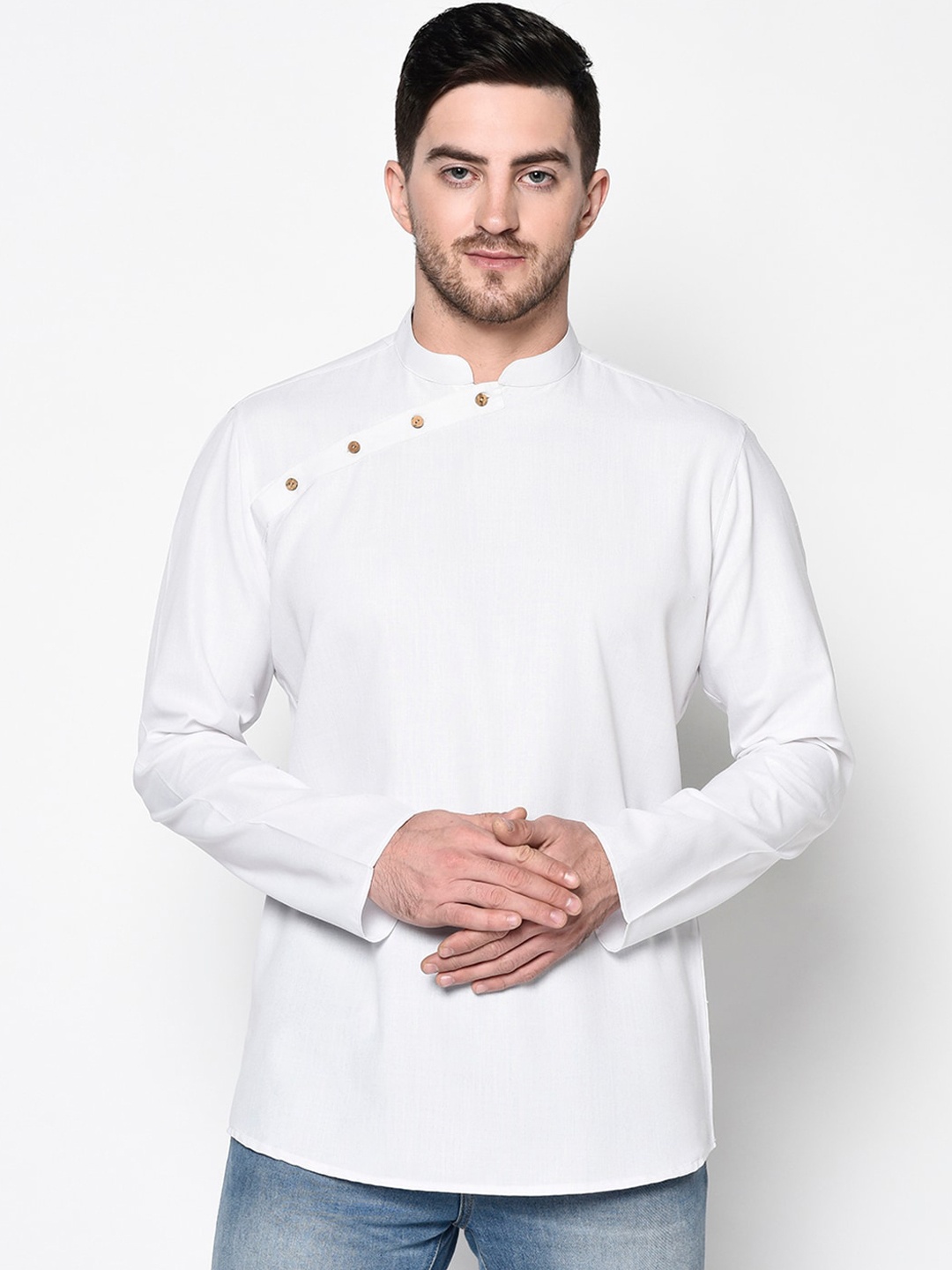 

TABARD Men Long Sleeves Mandarin Collar Angrakha Style Kurta, White