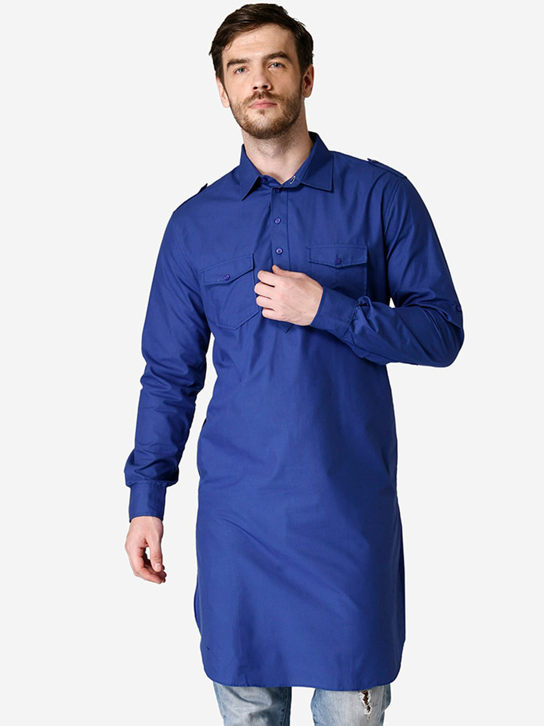 

TABARD Men Shirt Collar Pure Cotton Pathani Kurta, Blue