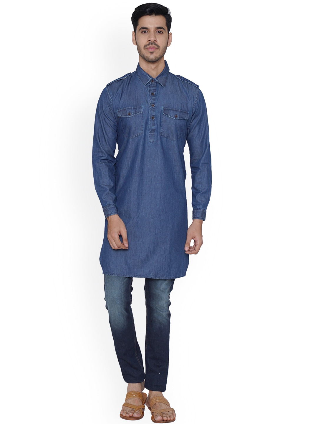 

TABARD Men Shirt Collar Long Sleeves Kurta, Blue