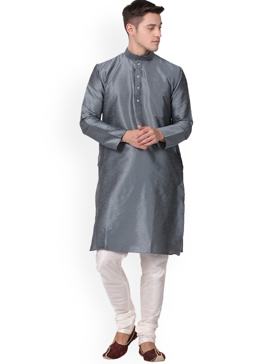 

TABARD Men Mandarin Collar Zari Kurta, Silver