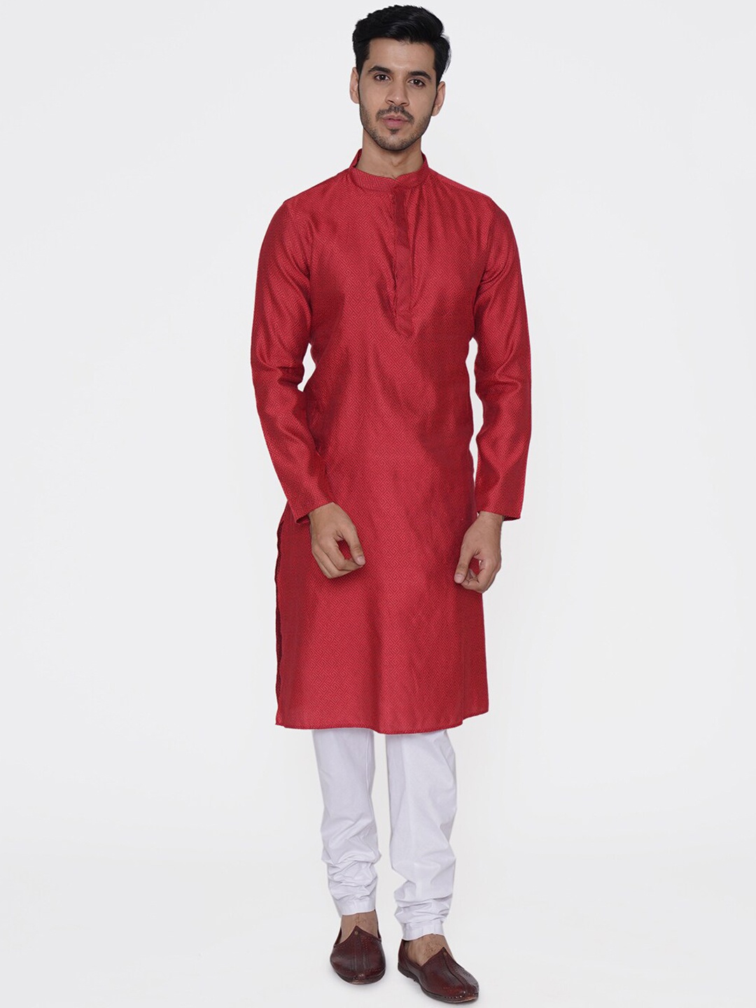 

TABARD Men Mandarin Collar Straight Jacquard Kurta, Red