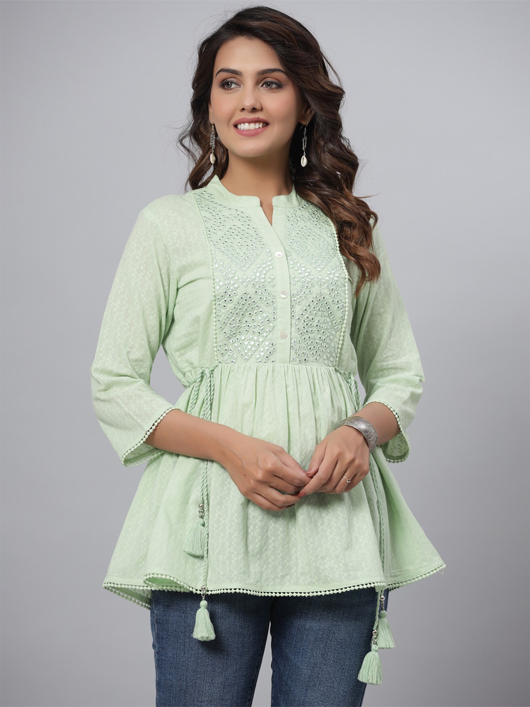 

Juniper Mandarin Collar Embroidered Cotton Tunic, Green