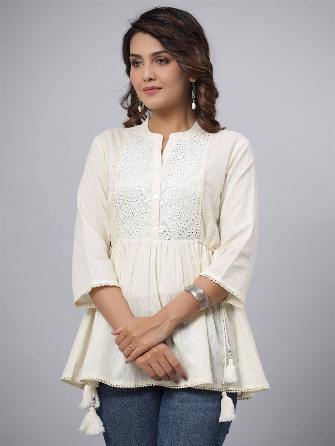 

Juniper Mandarin Collar Embroidered Cotton Tunic, Off white