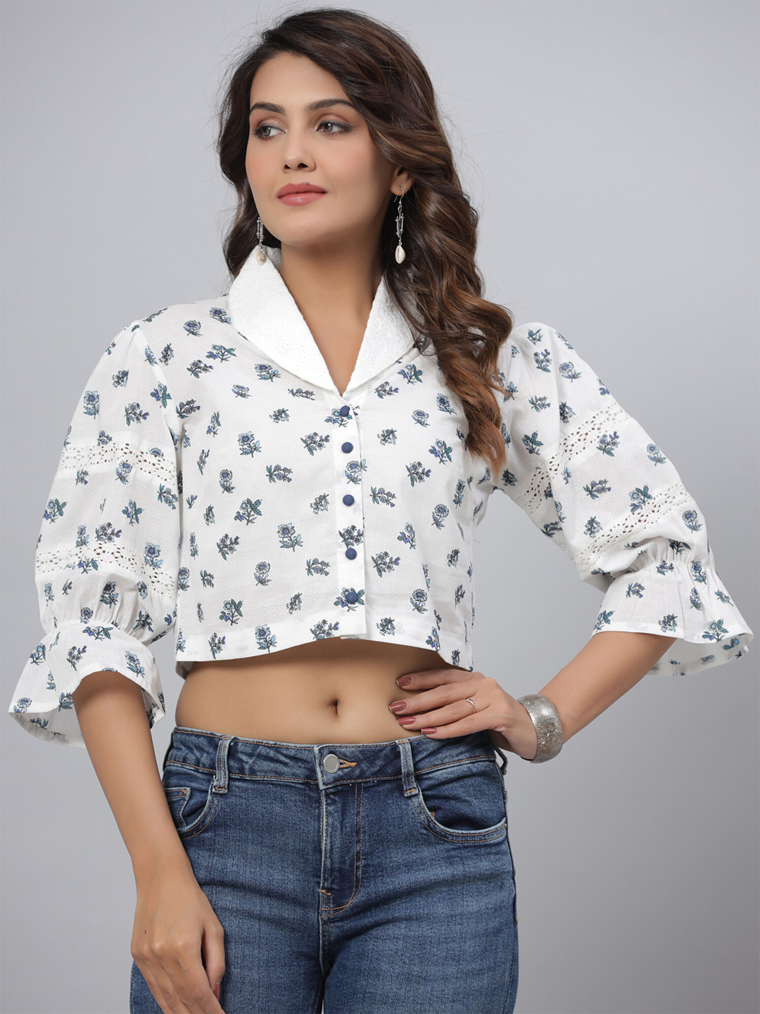 

Juniper Floral Print Shirt Style Cotton Crop Top, White
