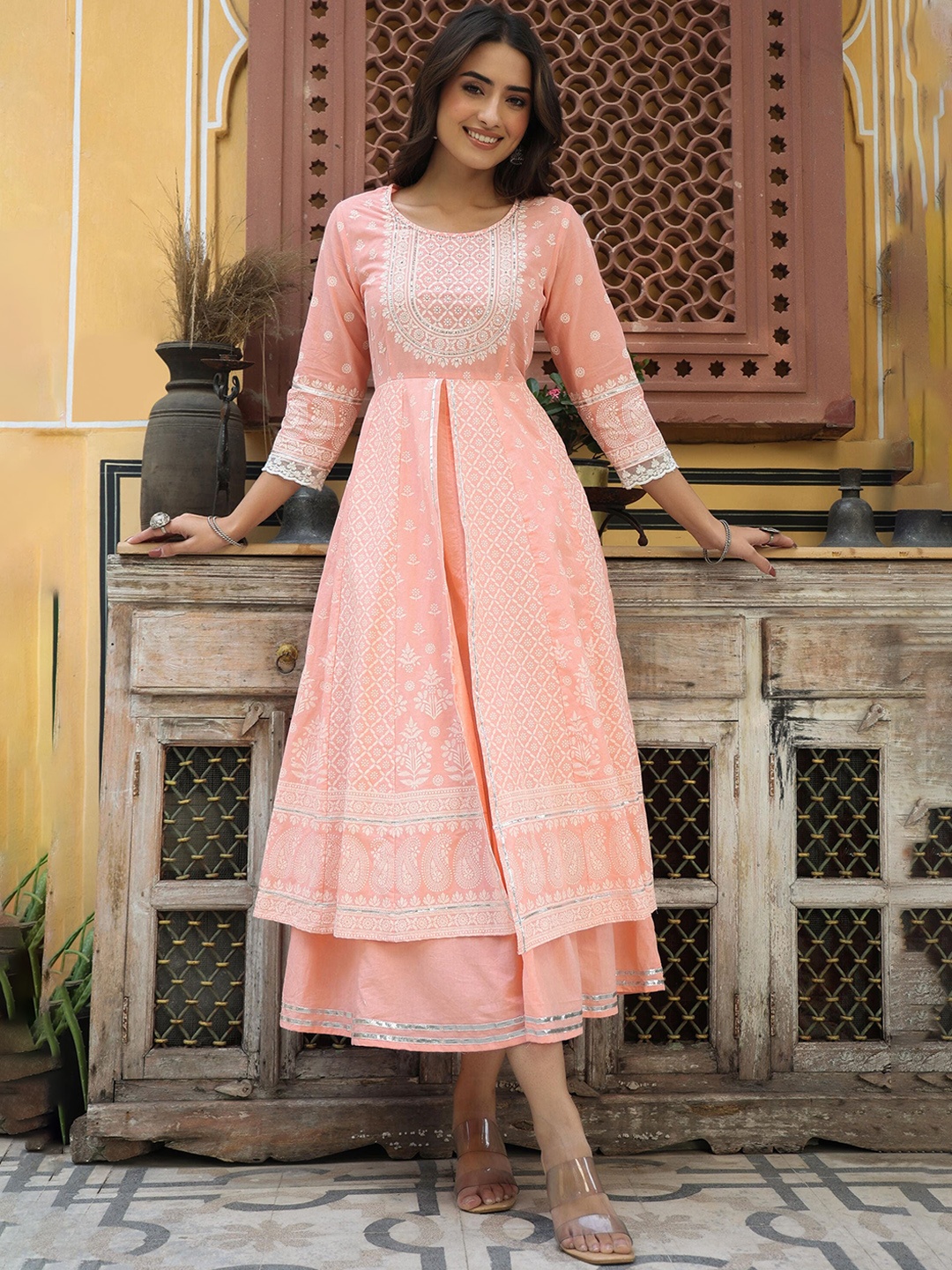 

Juniper Women Printed Cotton Fit & Flared Midi Dress, Peach