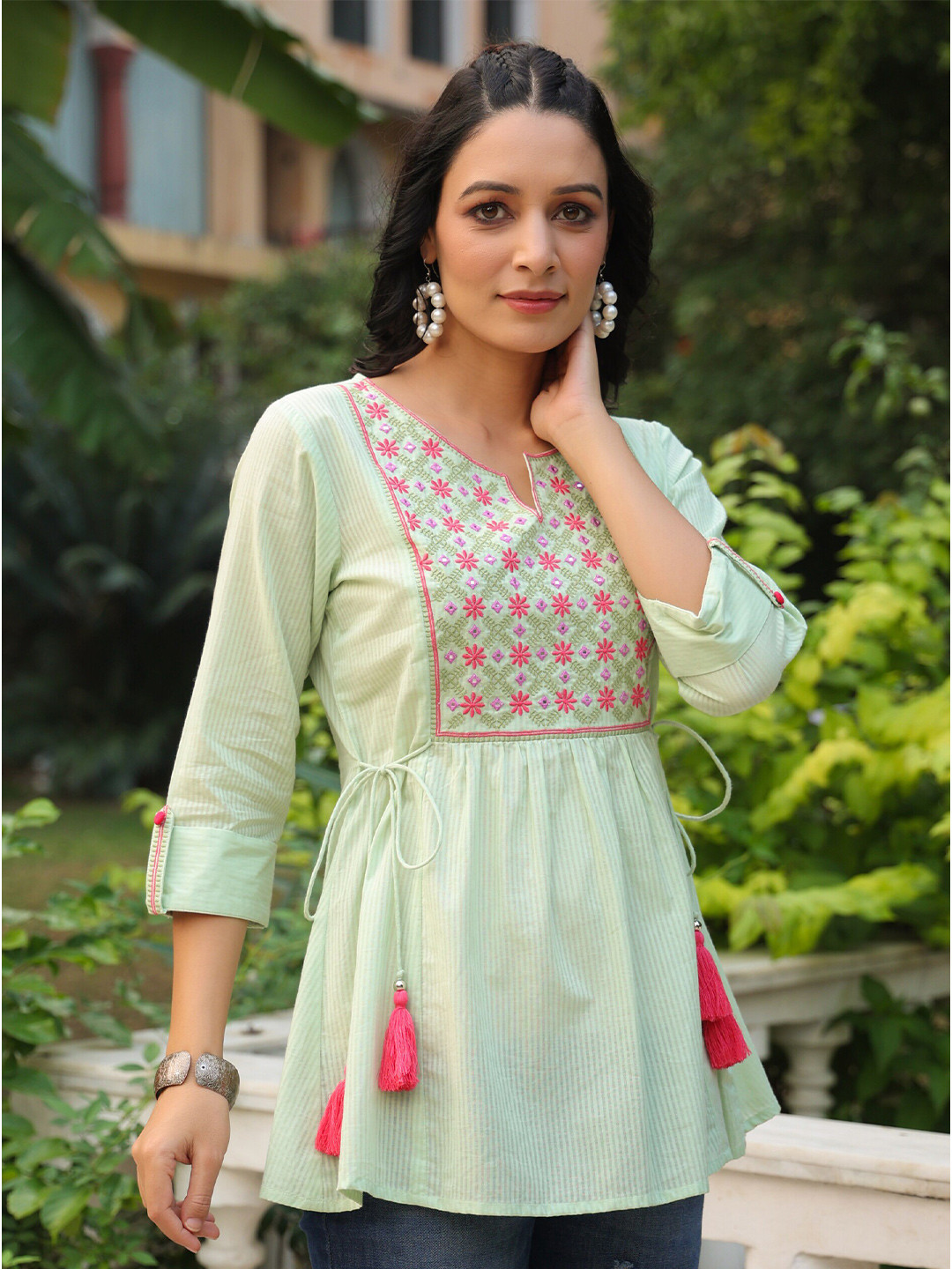 

Juniper Embroidered Yoke Design Cotton Tunic, Green