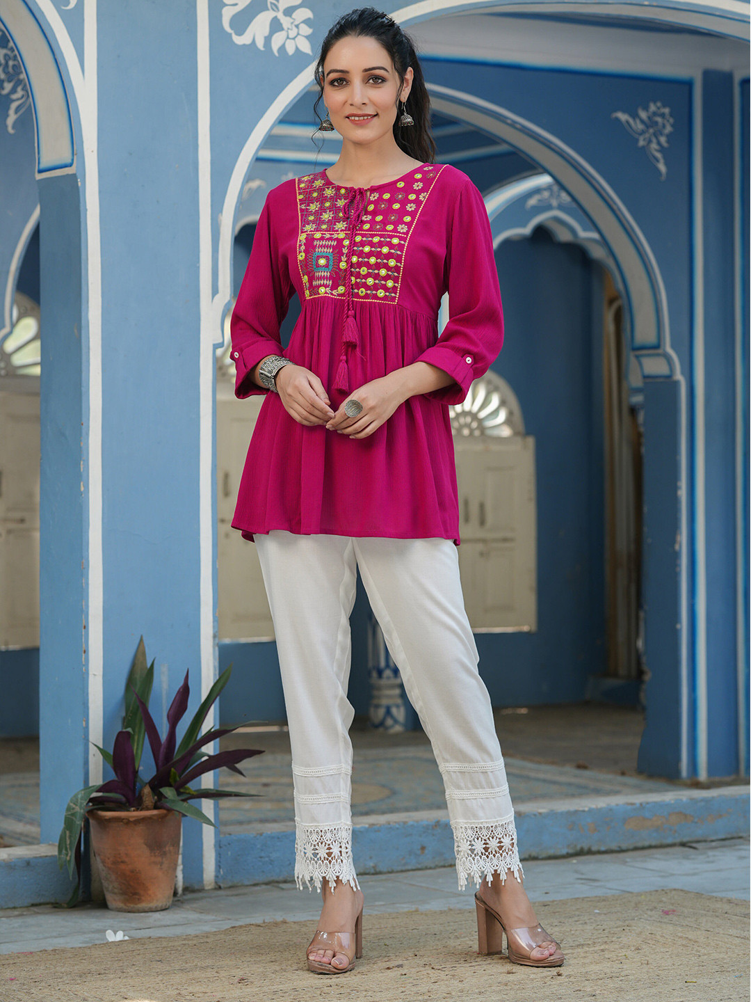 

Juniper Embroidered Yoke Design Tie Up Neck Tunic, Pink