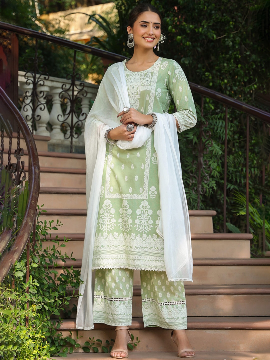 

Juniper Floral Printed Mirror Work Pure Cotton Kurta with Palazzos & Dupatta, Green